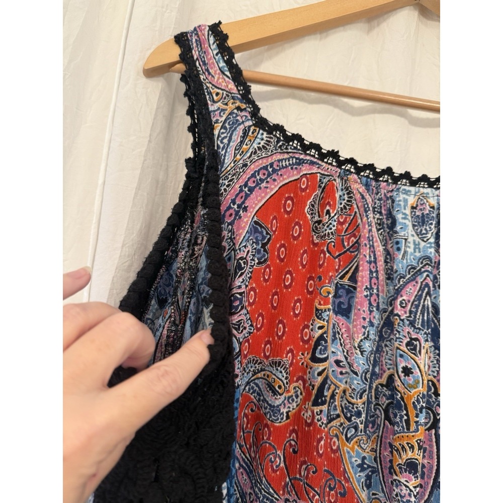 Bila Cold Shoulder Boho Top PXL– Multicolor Paisley Print, Crochet Trim Petite - Picture 10 of 12